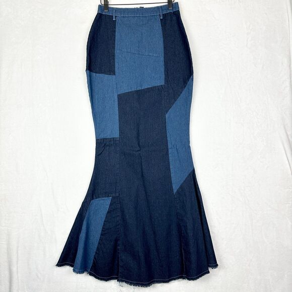 Touch Me Denim Patchwork Strapless Maxi Dress Size Small Stretch Y2K Western - Picture 2 of 7